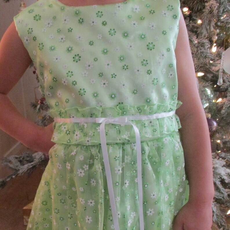 Sheer Floral Printed Bodice and Skirt 4- taffeta Underskirt- -Ruffle Sleeve Spring Green with White Flowers Dress-Sizes 12 Mo