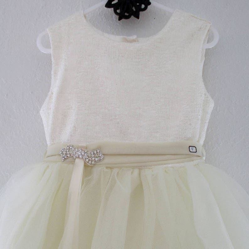 rhinestone pretty at waist chiffon sash and bow Size 4 Dress--Soft Ivory Tulle with lightly sequined lace bodice