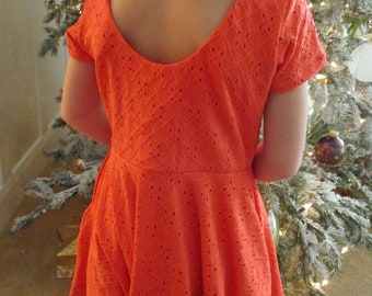 Orange Eyelet Knit Dress -Size 14, Size 6 -Short Sleeve Scoop Neck, Full Circle Twirler with Pockets