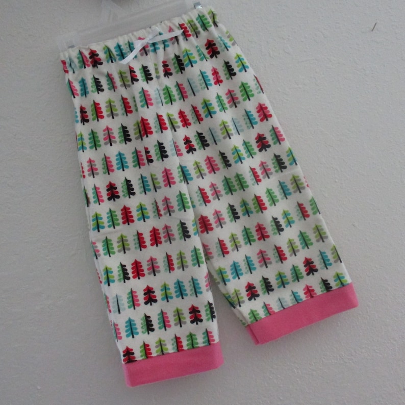 red pinks Size 18 Month Pajama PJ Lounge Flannel Pants- -Oh Christmas Tree blue and black on Soft White Flannel tons of trees in greens
