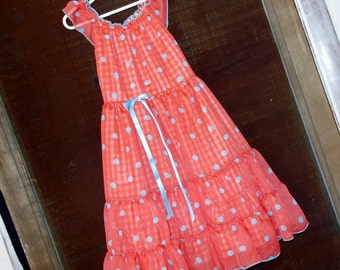 Size 7- Dress-Super Fun Orange with Blue Polka Dot Chiffon-Peasant Style -