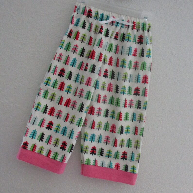 red pinks Size 18 Month Pajama PJ Lounge Flannel Pants- -Oh Christmas Tree blue and black on Soft White Flannel tons of trees in greens
