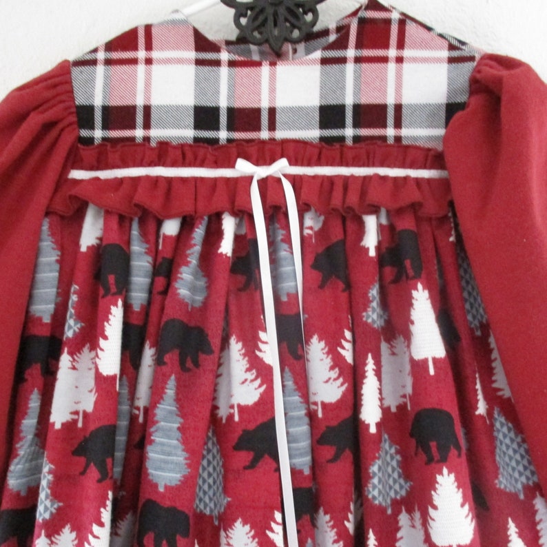 Old Fashion Flannel Gown-Size 5-Black Winter Bears and Pine Trees in gray and white on a deep red flannel with Plaid Accents