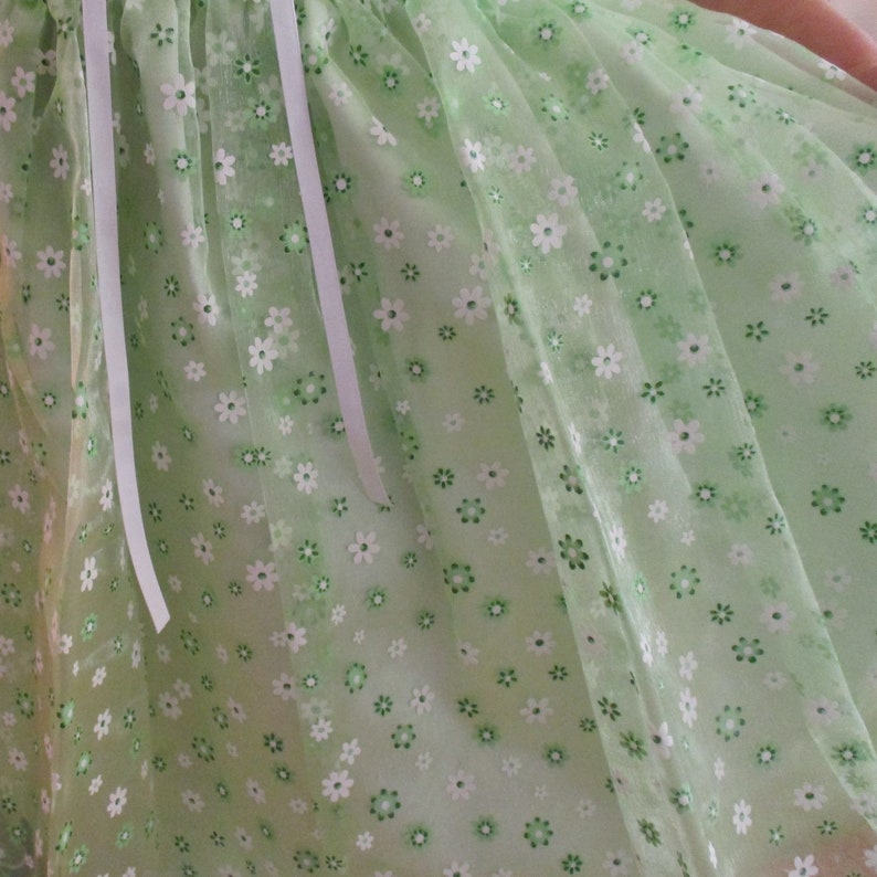 Sheer Floral Printed Bodice and Skirt 4- taffeta Underskirt- -Ruffle Sleeve Spring Green with White Flowers Dress-Sizes 12 Mo