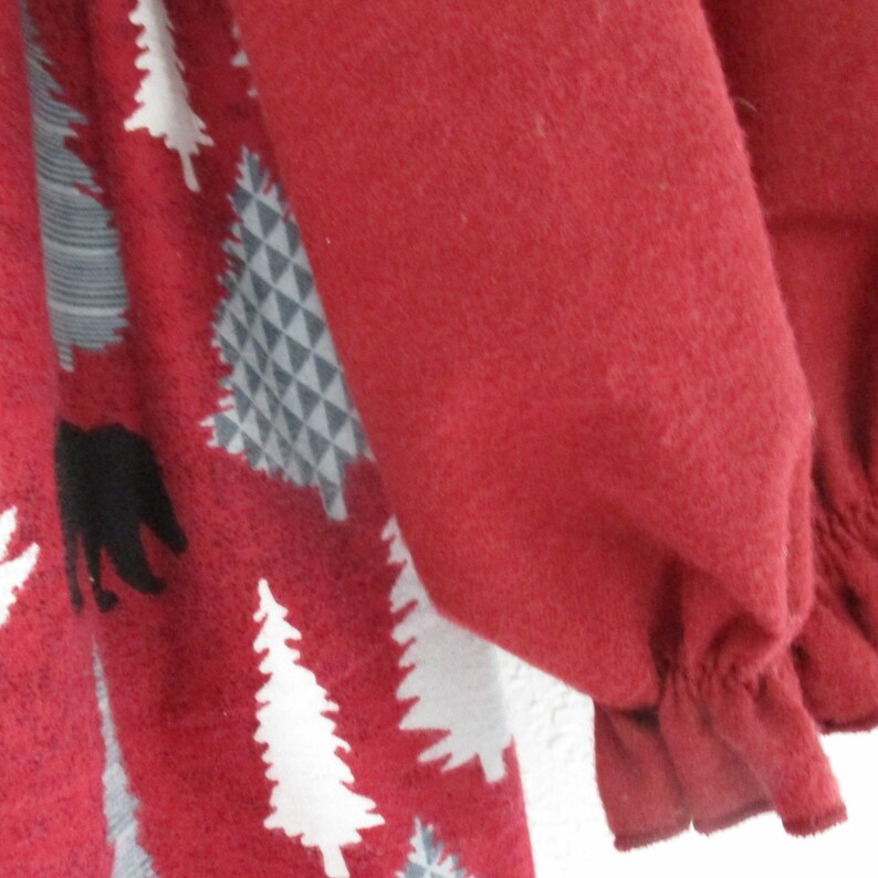 Old Fashion Flannel Gown-Size 5-Black Winter Bears and Pine Trees in gray and white on a deep red flannel with Plaid Accents