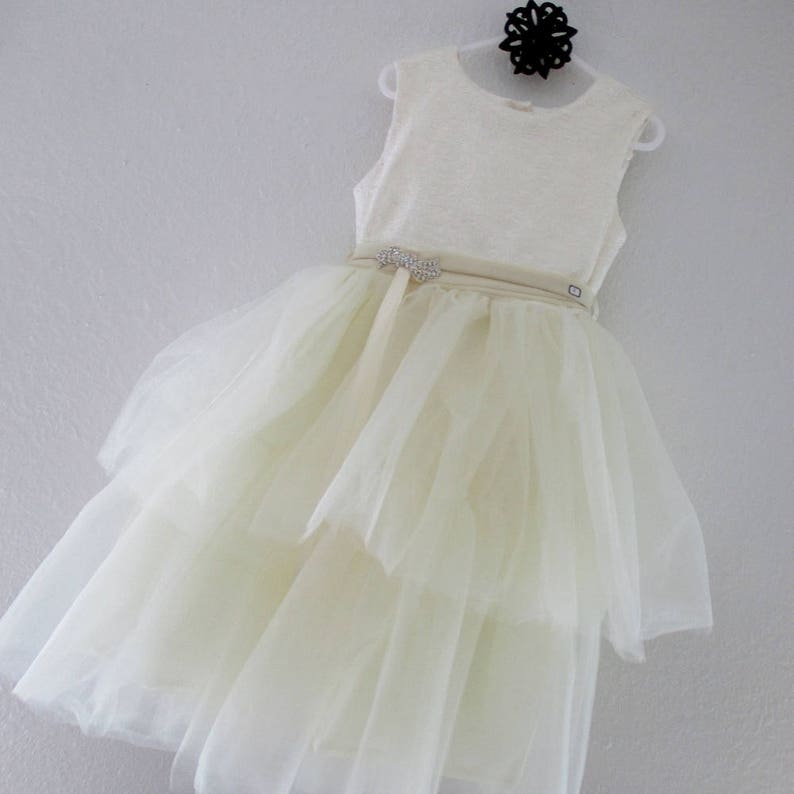 rhinestone pretty at waist chiffon sash and bow Size 4 Dress--Soft Ivory Tulle with lightly sequined lace bodice