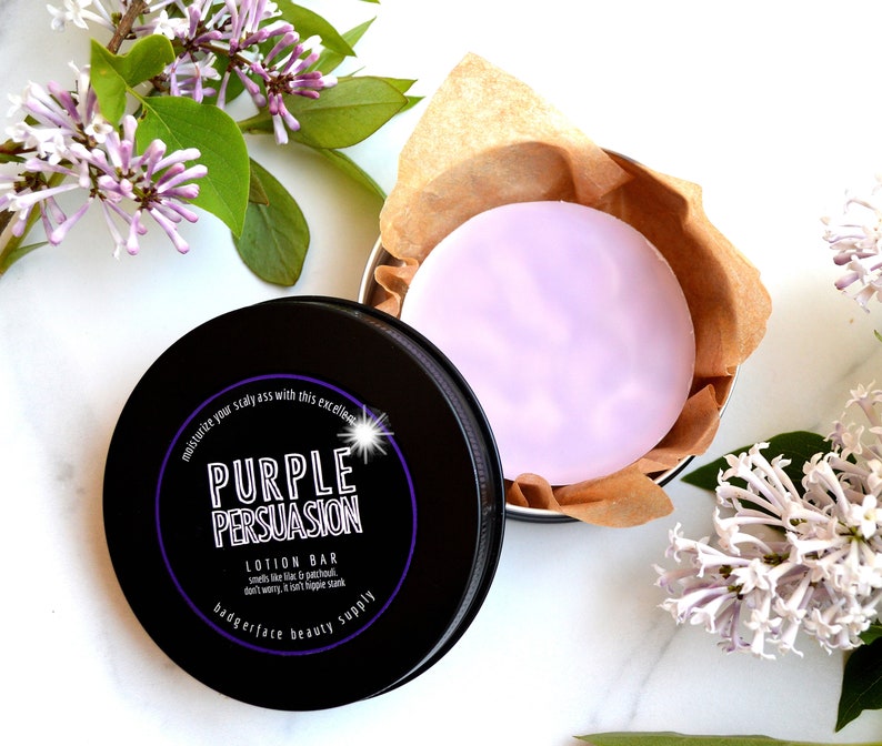 Lilac Lotion Bar. Badgerface Beauty Supply. Lilac Gift. Lilac Lotion. Lilac Body Butter Bar. Solid Lotion Bar. Body Butter Bar. Aluminum tin