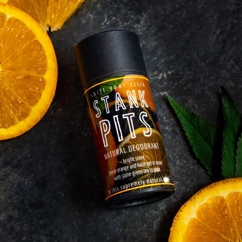 Our natural, baking soda-free deodorant is shown propped with orange slices and packaged in a 2 oz paper tube that's fully compostable. Magnesium-based, this natural deodorant is a simple, effective choice for sensitive skin.