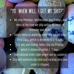 May include: An assortment of colorful bath bombs in various shades of pink, purple, blue, and white. The text overlay reads "YO. WHEN WILL I GET MY SHIT?"