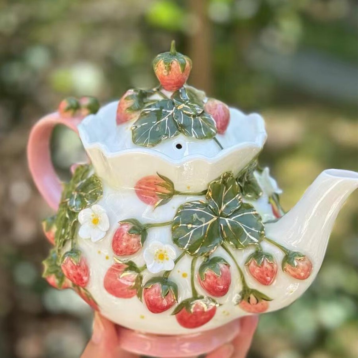 Handmade Sculpted Tea Set, Pot and Cup With Pink Strawberry | Artistic ...