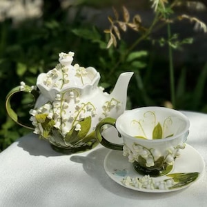 Handmade Sculpted Tea Sets Cup Teapot With Lily Of The Valley | Flower Ceramic Teapot For Tea Lovers, Gift For Art & Tea Lovers