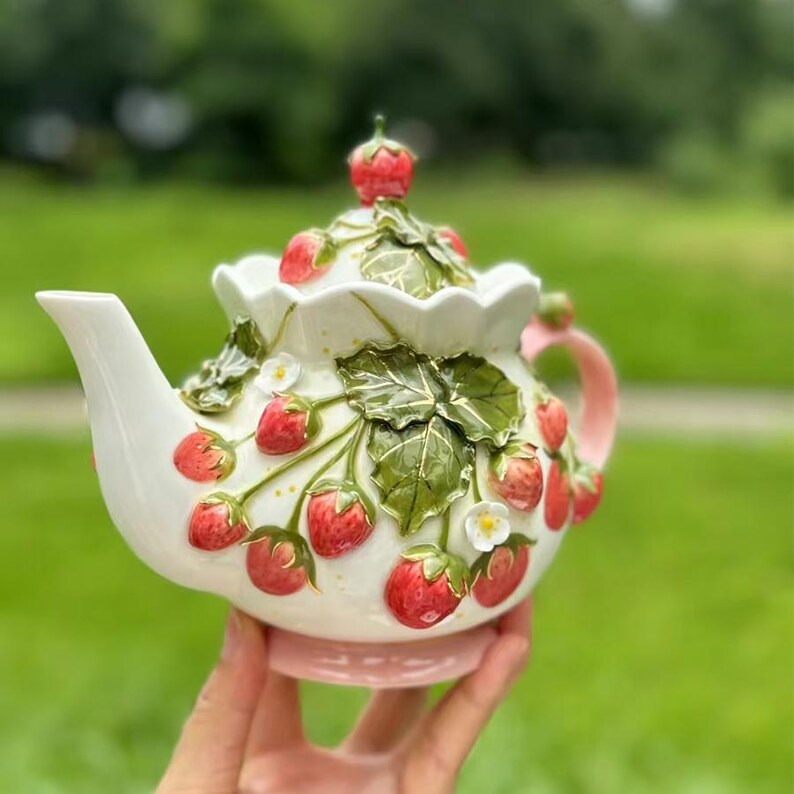 Handmade Sculpted Tea Set, Pot and Cup With Pink Strawberry | Artistic ...
