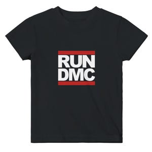 May include: Black t-shirt with a white "RUN DMC" logo in a red box.