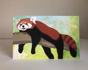Single Greeting Card - "hang in there" Red Panda on branch