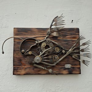 Steampunk Fish Sculpture, Handmade Industrial Recycled Art, Unique Scrap Metal Decor,panel, collections, exclusive, gift, animal art.
