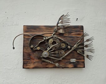 Steampunk Fish Sculpture: Handmade Recycled Scrap Metal Art