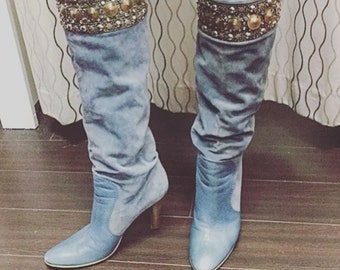 Vintage Baby Blue Soft Suede Beadwork Giuseppe Zanotti Heel Boots Size 39.5