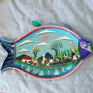 Vintage Ceramic Folk Wall Art Handpainted South American Nautical Beach Decorative Fish Platter