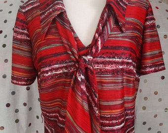 Red and Multicoloured Striped 1970s Collared Vintage V Neck Secretary Dress Size L