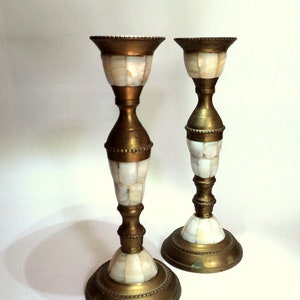 Antique Brass, Mother of Pearl Inlay Candle Holders for Candlesticks, Set of 2, Taper