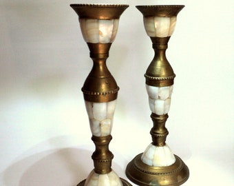 Antique Brass, Mother of Pearl Inlay Candle Holders for Candlesticks, Set of 2, Taper