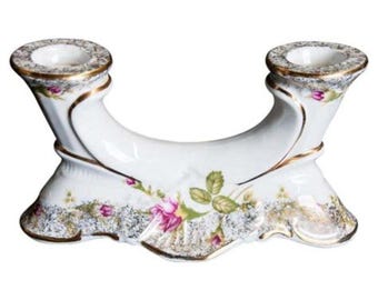 Vintage Early 20th Century Porcelain Floral Double Candleholder By Chodziesz Poland