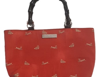 Small Rustic Red Rabbit Pattern Vintage Karen Wilson Double Handled Handbag