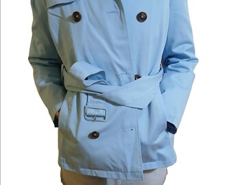 1980s Vintage Light Blue Double Breasted Short Women's Trenchcoat By Brooks Brothers