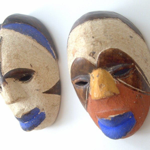 Ancestor Couple, Pair (2) Circa - 1950-1960 Handpainted and Handcarved Miniature African Tribal Masks