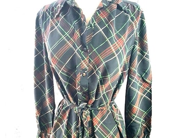 Authentic 1980s Vintage Pierre Balmain Belted Black Plaid Silk Dress, Size 12, Preppy/Minimalistic