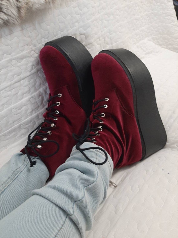 red velvet lace up boots