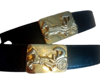 1970s Slim Black Vintage Designer Leather Belt Horse and Carriage Goldtone Detailing