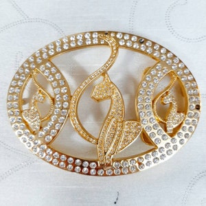 Cute Extra Large Heavy Goldtone and Rhinestone 1990s Vintage Cat Belt Buckle