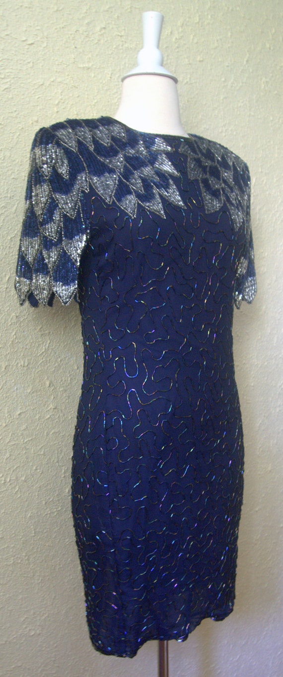 Chevron Chic 1990s Navy Blue Pure Silk Sequin and 