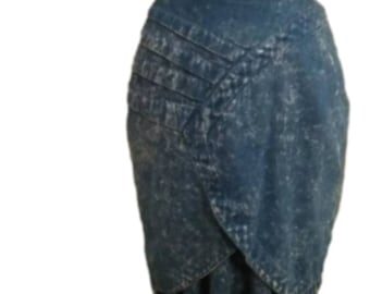 1980s Authentic Vintage Elsa Serrano Fishtail/Mermaid Blue Design Acid Wash Jean Skirt