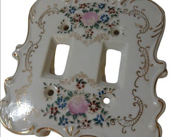 Vintage Ornate Ceramic Floral Double Outlet/Light Switch Cover, Made In Japan