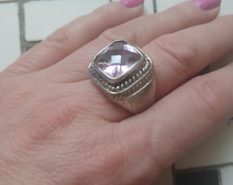 1970s Vintage Pink Square Gemstone 925 Silver Ring Size 7.5/8