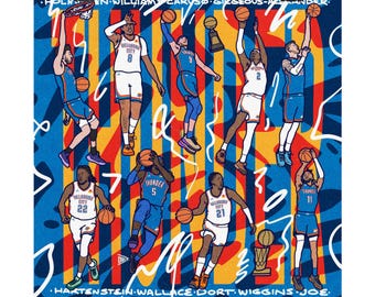 May include: A poster featuring stylized illustrations of Oklahoma City Thunder basketball players in action. The artwork has a vibrant color scheme of blue, orange, and yellow, with players depicted in their team uniforms. The names of the players are written at the top and bottom.