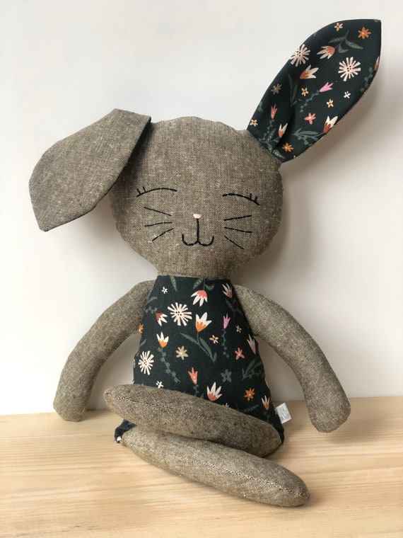 Green Floral and Olive Linen Bunny