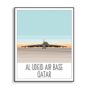 Ilustración de la base aérea de Al Udeid, dibujo de la base de la Fuerza Aérea de Qatar, dibujo de la estación de servicio, letrero de base militar coleccionable
