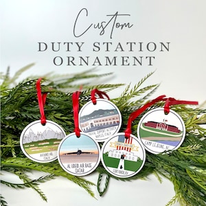 New Military Base, City, or College Illustrated Ornament, Collectible Duty Station Ornaments, Custom Army, Marines, Navy, Air Force Keepsake
