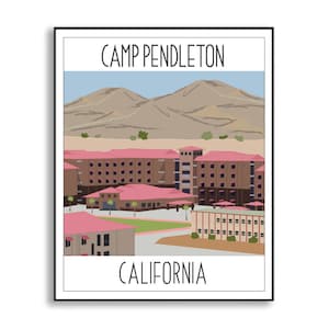 May include: A digital illustration of a building complex with the text "CAMP PENDLETON CALIFORNIA" at the top and bottom of the image.