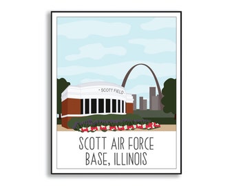 Póster de la base de la Fuerza Aérea Scott, impresión de la estación de servicio coleccionable Scott AFB, obra de arte de la base militar