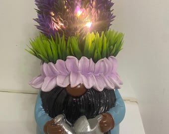 Hand-Painted African American LED Teal Gnome-8” Garden Statue with Greenery Hat — A Small Masterpiece with a Big Soul