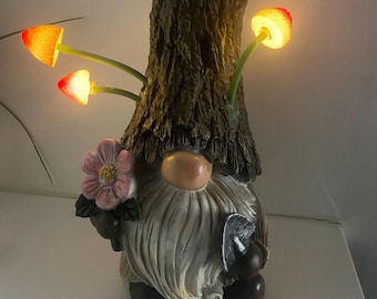 Solar LED Garden Gnome with Mushrooms – 10” Resin Outdoor Statue – Lighted Fairy Garden Decor – Solar Lawn Ornament – Gift for Garden Lovers