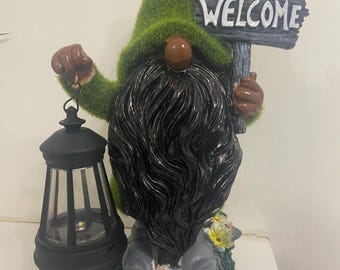 Hand-Painted 11.5” Garden Gnome with Solar LED Lantern – Whimsical Outdoor Decor
