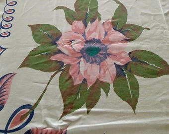 Vintage-Tischdecke mit Blumenmuster, Rosa & Marineblau, 1940er Jahre