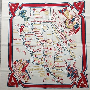 May include: A vintage map of California and Nevada, featuring cities, highways, and landmarks. The map is bordered with red and blue decorative elements. The map includes illustrations of buildings, people, and animals. The text "Los Angeles" is prominently displayed.