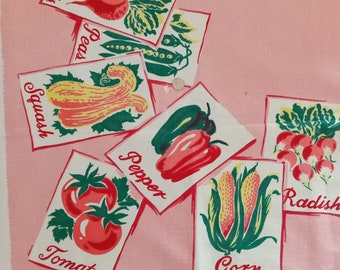 Vintage Tablecloth Vegetables Seed Packets Harmony House PINK