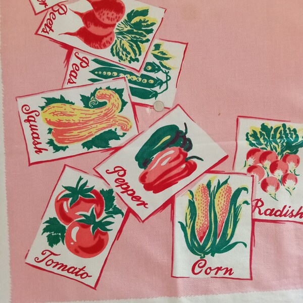 Vintage Tablecloth Vegetables Seed Packets Harmony House PINK